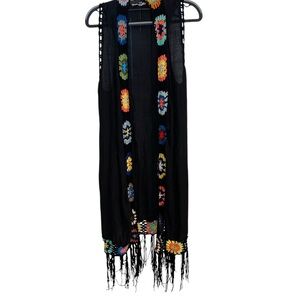 Kontrol Black Boho Crochet colorful granny square fringe coverup duster kimono